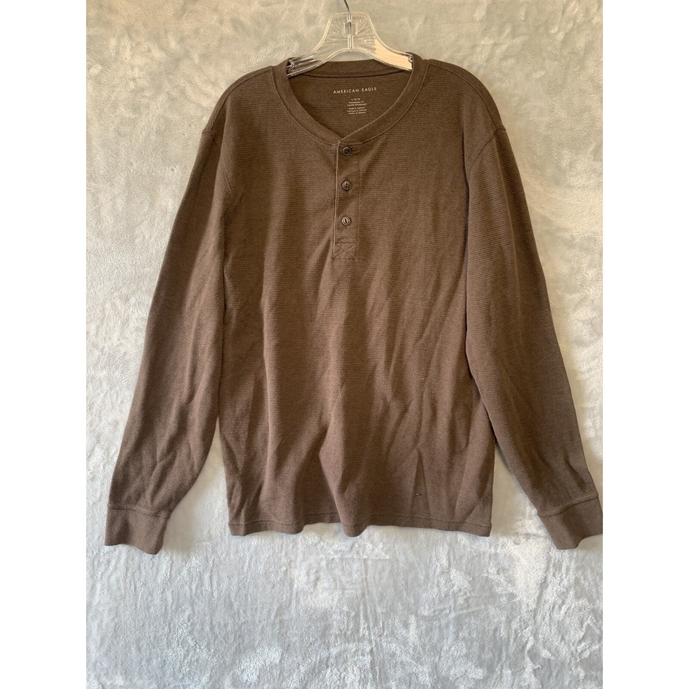 American Eagle Henley Shirt Mens Large Brown Thermal Waffle Knit Long Sleeve